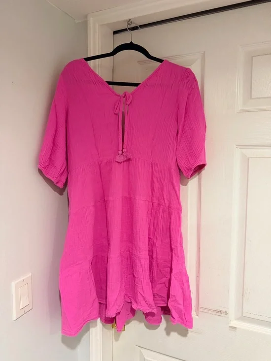 aerie Bright Pink Tiered V-Neck Mini Dress - Picture 4 of 4